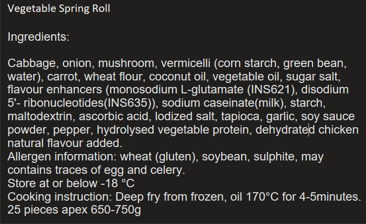 Thai Vegetarian Spring Rolls. 25 piece bags. $25 each. Minimum order of x4 bags and free delivery in Auckland City